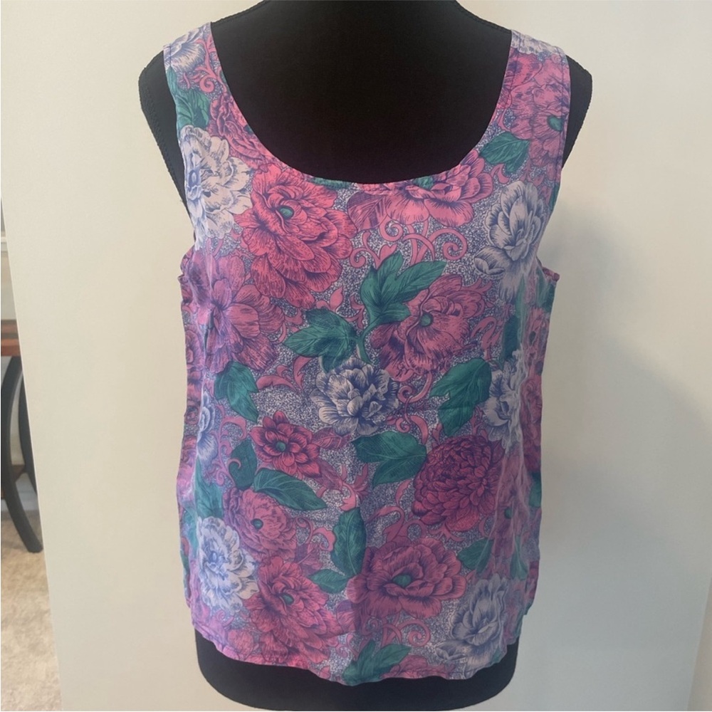 Willow Ridge Vintage Silk Pink Purple Green Floral Sleeveless Blouse EUC